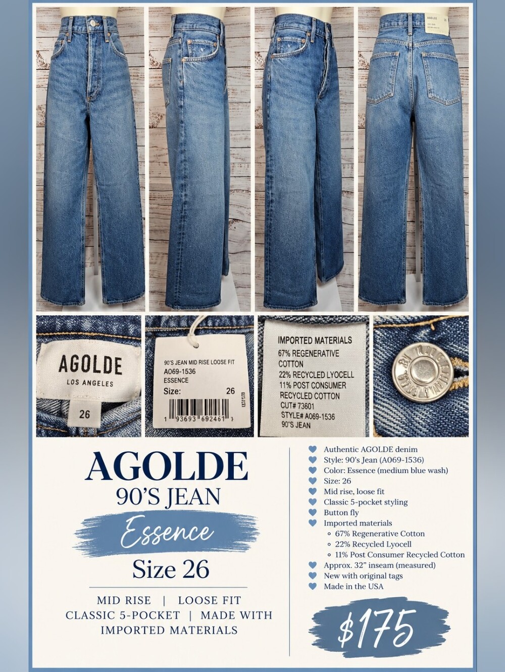 AGOLDE 90’s Jean Mid Rise Loose Fit Size 26 Essence NWT